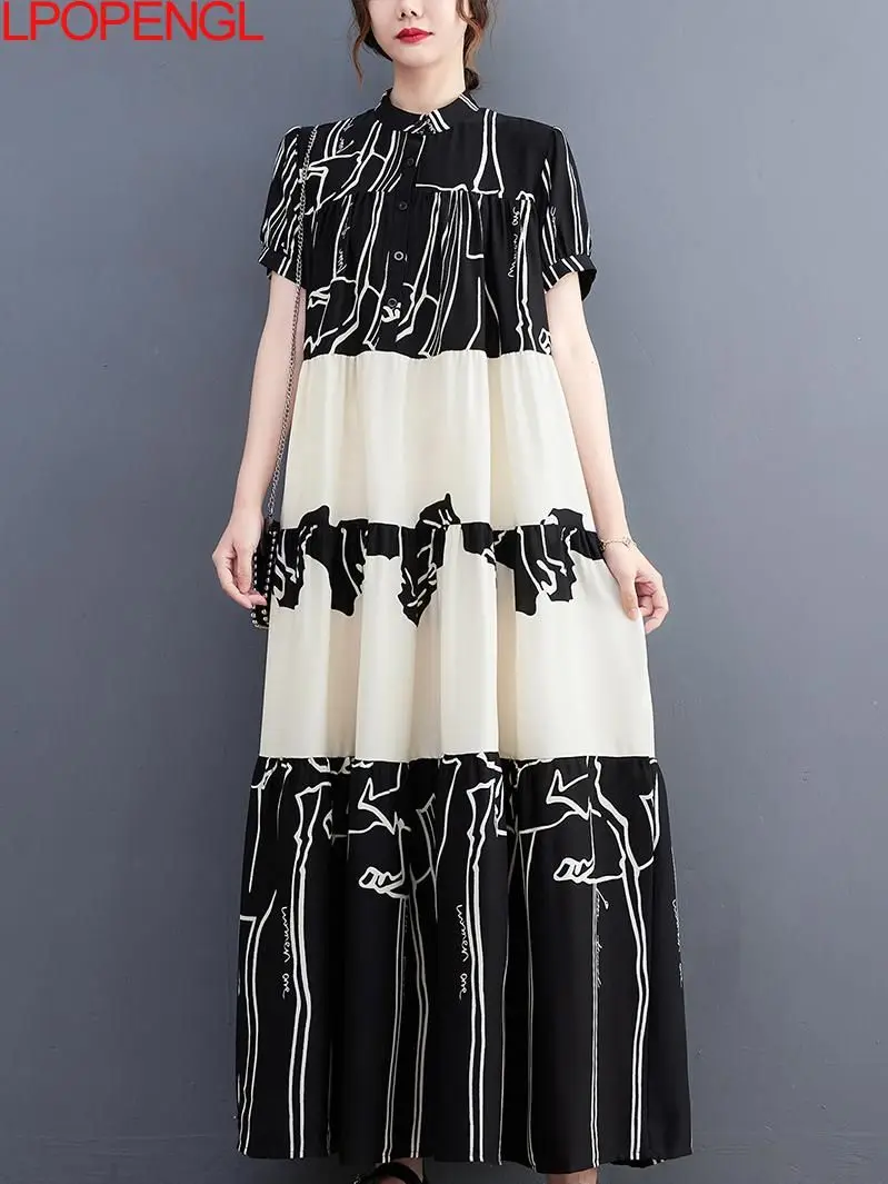 

2022 European Fashion Woman Summer Long Shirt Dress Loose Fit Printed Ladies Stylish Office Simplicity Dress Large Robe Femme