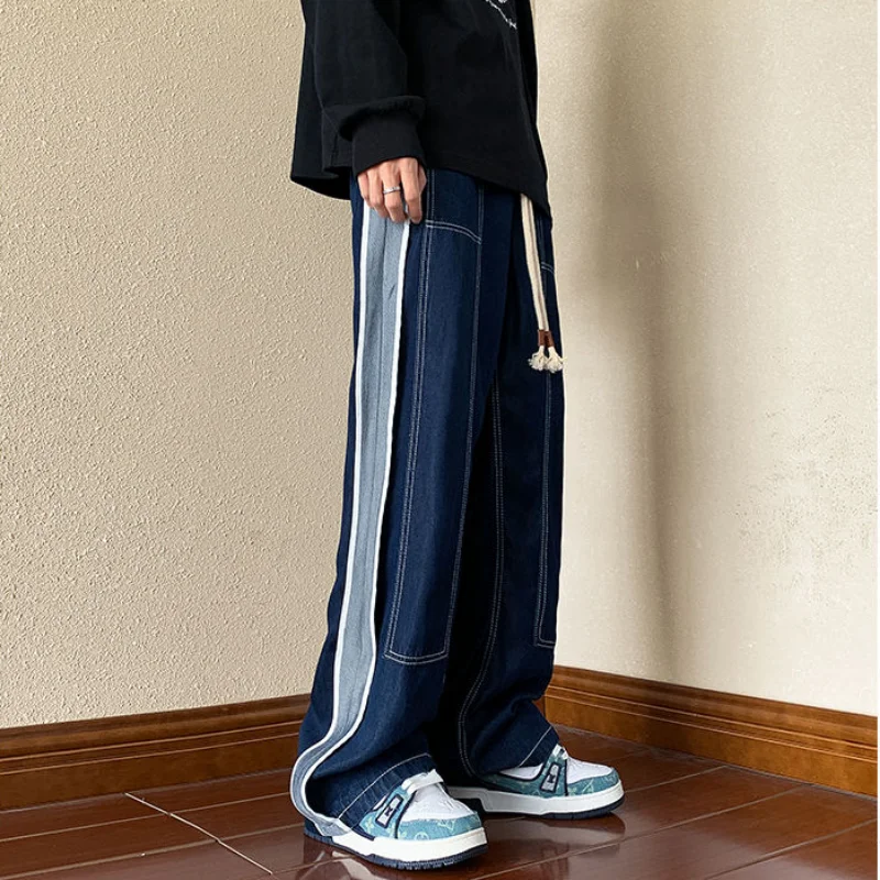 DEEPTOWN Patchwork Straight Jeans Men Streetwear Denim Pants Hip Hop Trousers Male Fashion Sportswear Loose Casual Spring Autumn