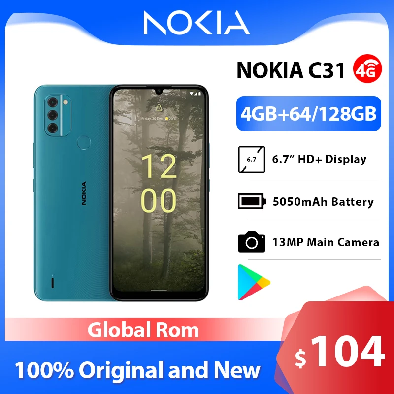 Nokia C31 4GB 128GB 4G Smartphone 6.74 inch HD+ Display 5050mAh Battery IP52 13MP Triple Camera 2.5D Toughened Glass 2 SIM Card