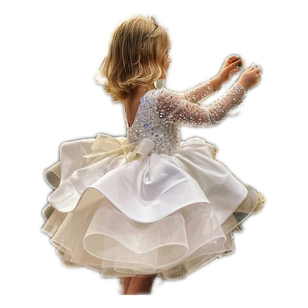 

High-end Fashion Designs Sequinned Beading White Fluffy Frocks Long Sleeve Lace Halter Little Flower Girls Party Dresses