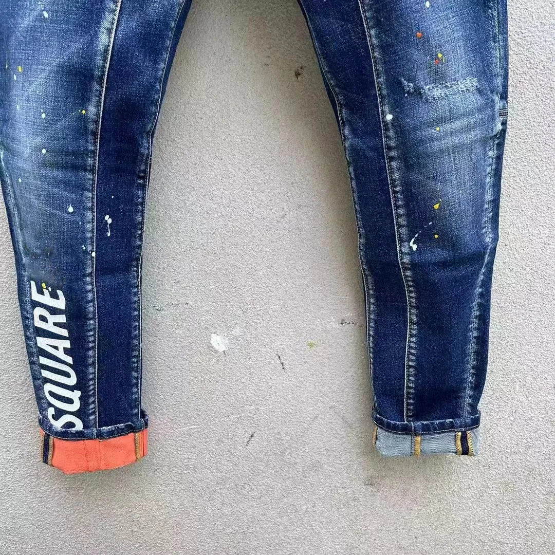 2023 Spring and Autumn New  Fashion Men's Wash Blue Slim Fit Worn Hole Patch Slim Fit Straight Barrel Jeans Men