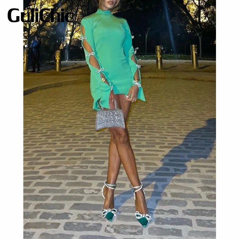 11.9 GuliChic Women High Street Sexy Hollow Out Bow Rhinestone Long Sleeve Stretch Knitted Slim Banquet Dress