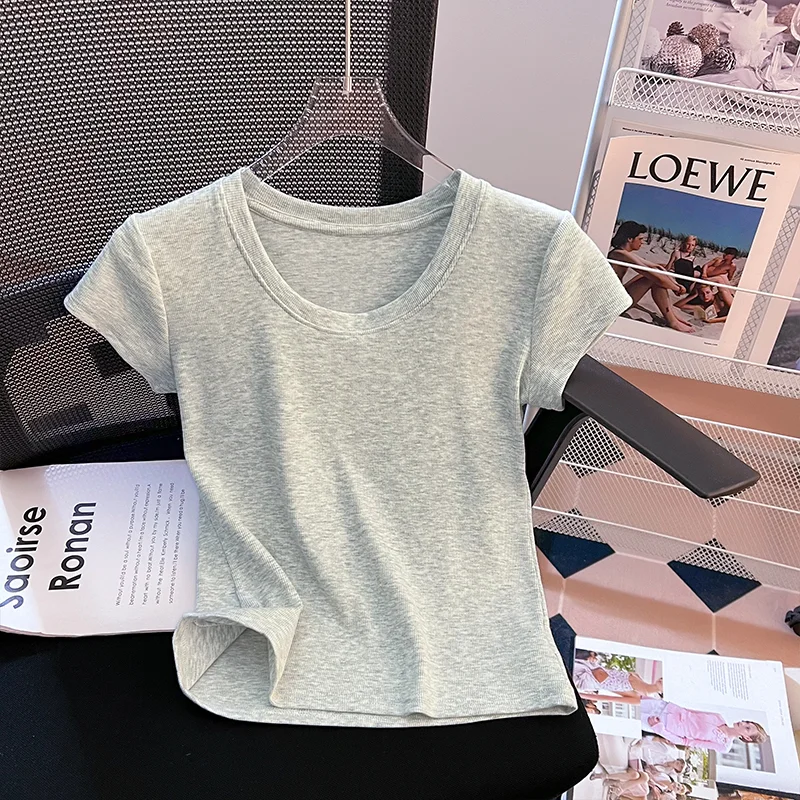 Женская футболка с коротким рукавом приталенный хлопковый топ и круглым вырезом