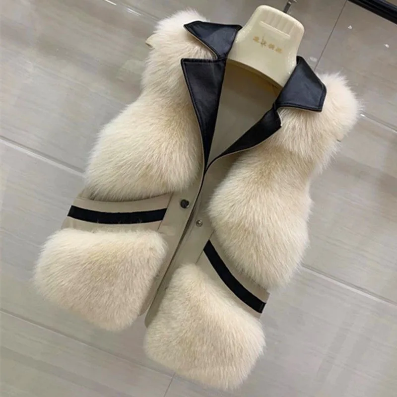 Parkas Women's Outdoors Short Coats Jackets Vests 2022 Faux Fur Imitation Fox Hair Splicing V-Neck Cardigan Fashion Waistcoat