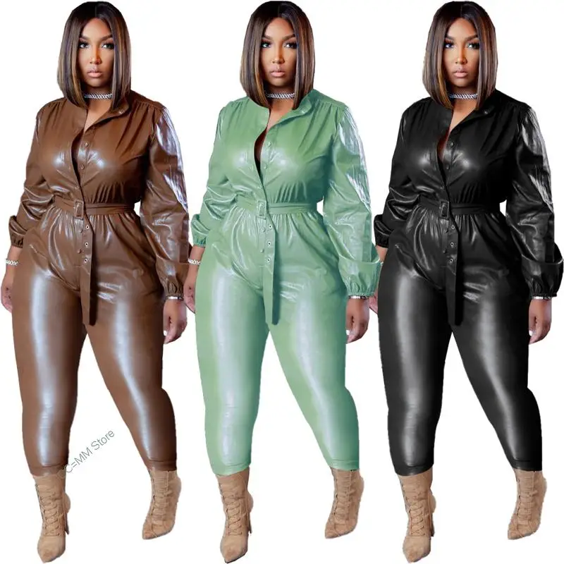 

2022 Jumpsuits for Women Sexy Shirt Long Sleeve Leather Jumpsuit Pu with Belt Streetwear Ladies Jumpsuit Wholesale Dropshipping