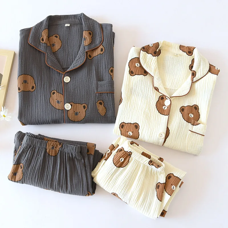 Couple Pajamas Suit Men Thin Long-sleeved Spring Washed Cotton Crepe Lapel  Autumn Trousers Women Cartoon Two-piece Home Clothes