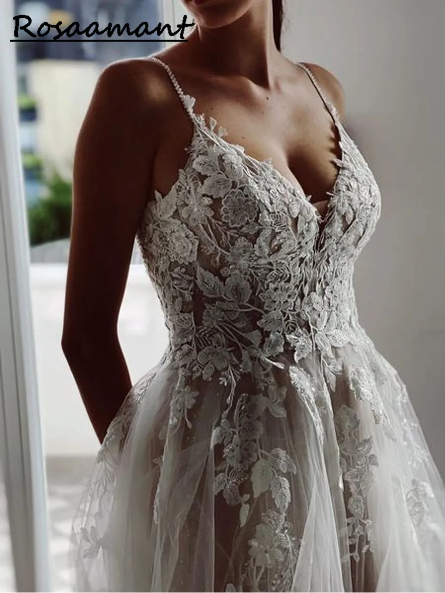 

Женское платье с открытой спиной, винтажное кружевное свадебное платье с V-образным вырезом и аппликацией, платье невесты со шлейфом