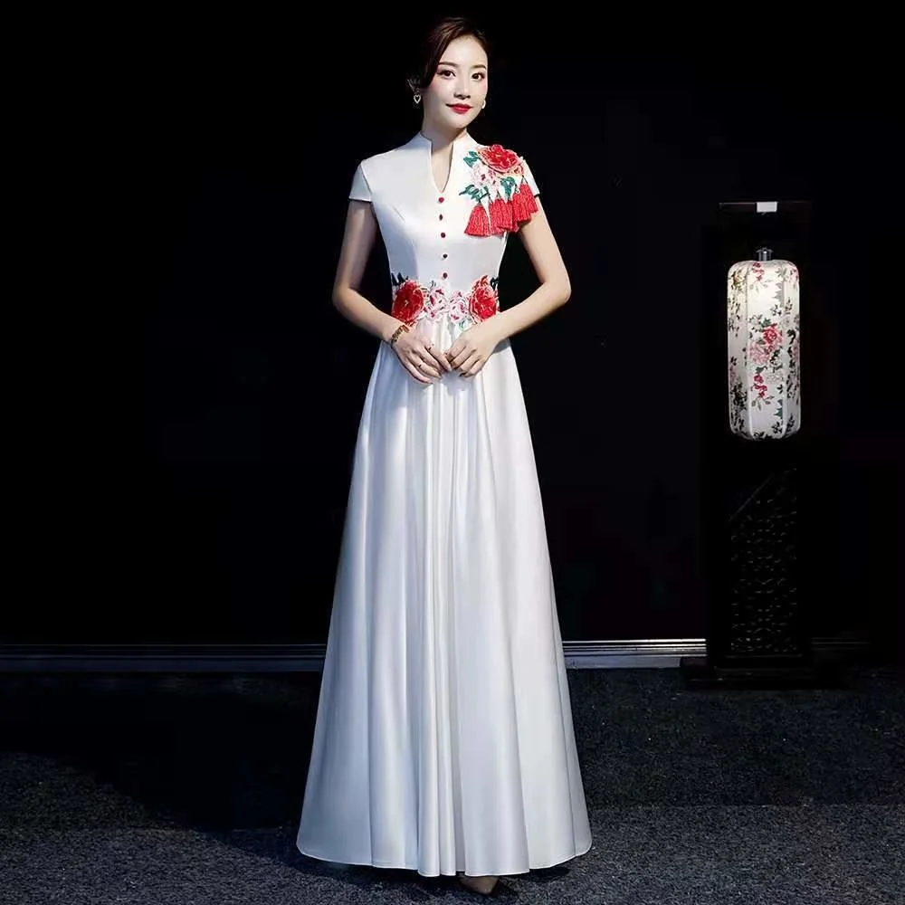 Sheng Coco New Summer Chinese Style White Cheongsam Dress Lady Long Stand Collar Embroidery Runway Banquet Evening Gown