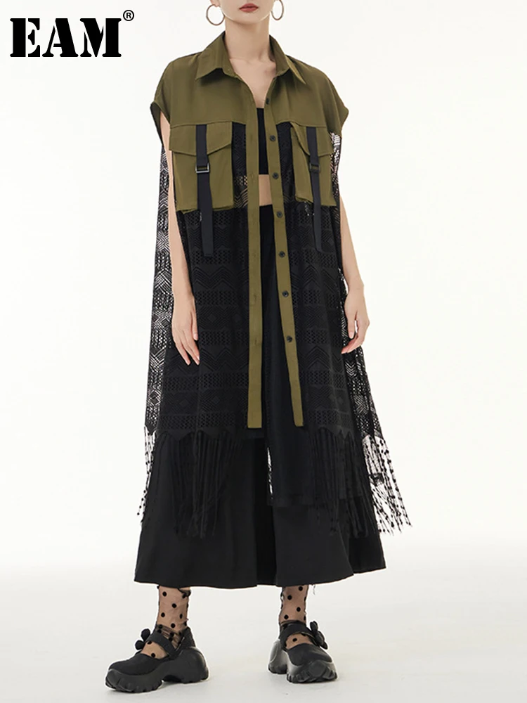 

[EAM] Women Loose Fit Army Green Lace Tassels Long Big Size Vest New Lapel Sleeveless Fashion Tide Spring Summer 2023 1DE9935
