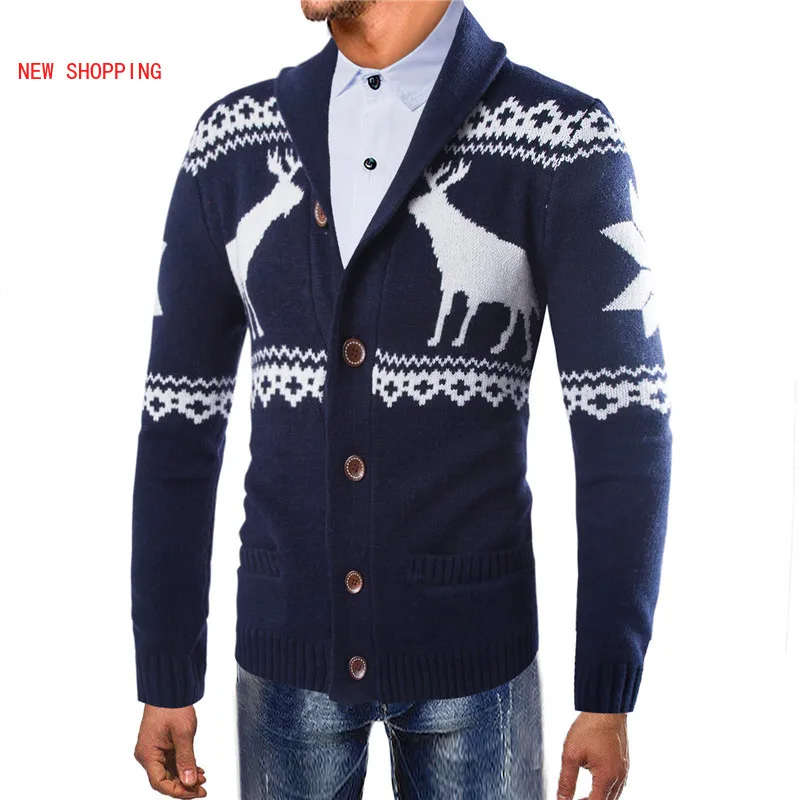 Spring Autumn Fashion Warm Christmas Sweater Men Deer Printed Jacket Coat Casual V Neck Knitting Mens Cardigan Sweaters Brand
