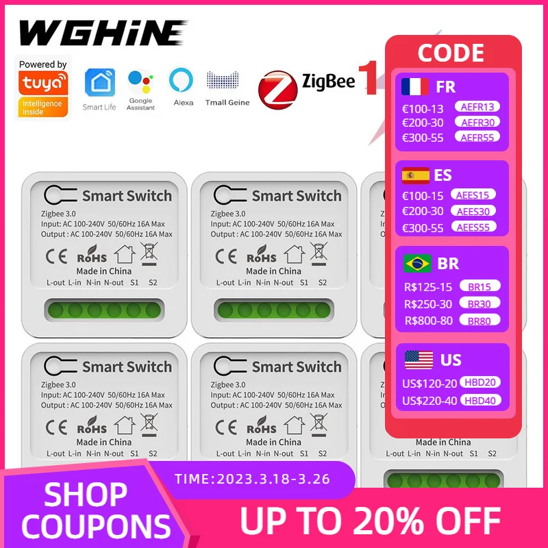 

Умный выключатель Tuya Zigbee, выключатель с Wi-Fi, таймером, 16 А, совместим с Alexa, Google Home, Alice, SmartLife