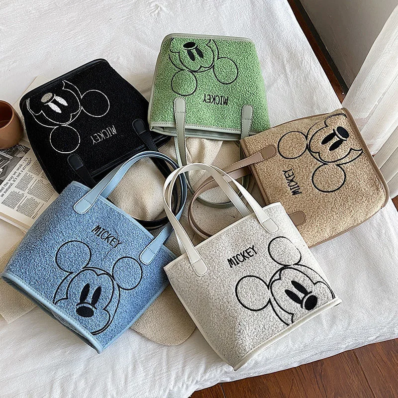 Disney Fashion High-quality Plush Bag Female New Cute Mickey Plush Hand Bag Large-capacity Lamb Wool Shoulder Bucket Bag