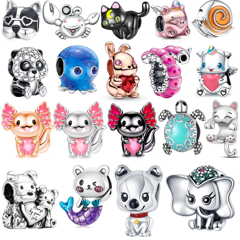 

Newest Cute Cat Dog Panda Elephant Pig Rabbit Fish Beads Fit Original Pandora Charms Silver Color Bracelets DIY Women's Jewelry