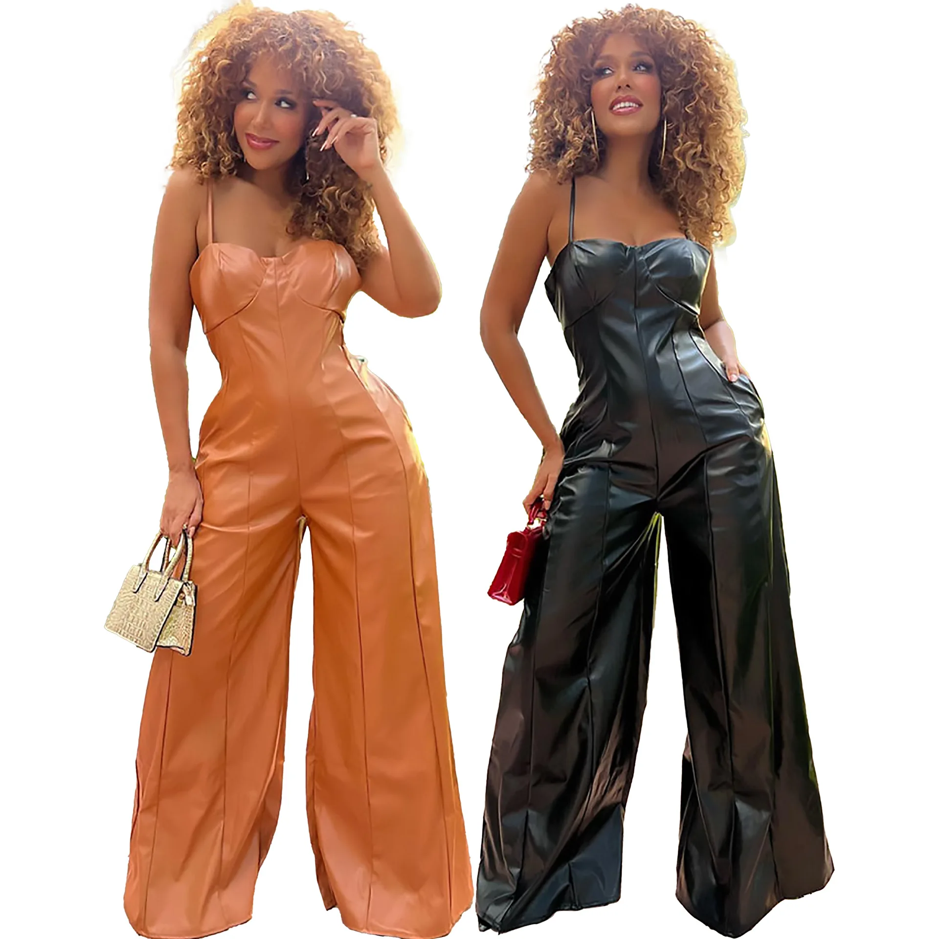 

Sexy PU Faux Leather Jumpsuit for Women Spaghetti Straps Sleeveless Backless Wide Leg Romper Party Night One-Pieces Club Outfits