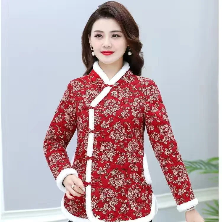 Ladies Big Floral Jacket Warm Camel Wool Mother Short Cotton Jacket Fashion Thickened Retro Skirt Net Red Little Floral Jacket