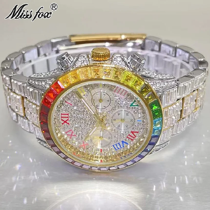 

Luxury Brand MISSFOX Gold Watch For Mens Fashion Iced Out Waterproof Wristwatch Rainbow Diamond Jewelry Clocks Male Reloj Hombre