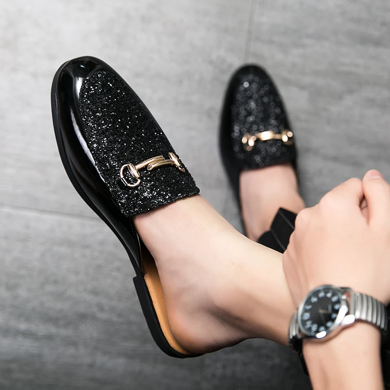 

New Summer Lightweight Semi-trail Loafers Leather Men Diamond-studded Slippers Penny Slip-on Moccasin Mules Fashion Casual Shoes