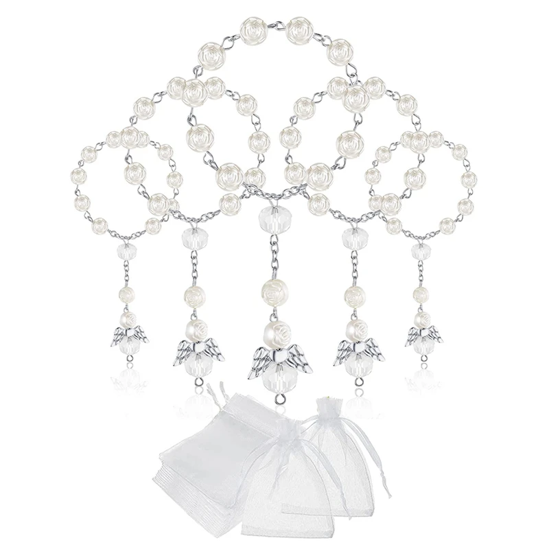 

30 Pcs Baptism Acrylic Rosary Beads Mini Rosaries Angel with Organza Bags for the First Communion Baptism Party Favors