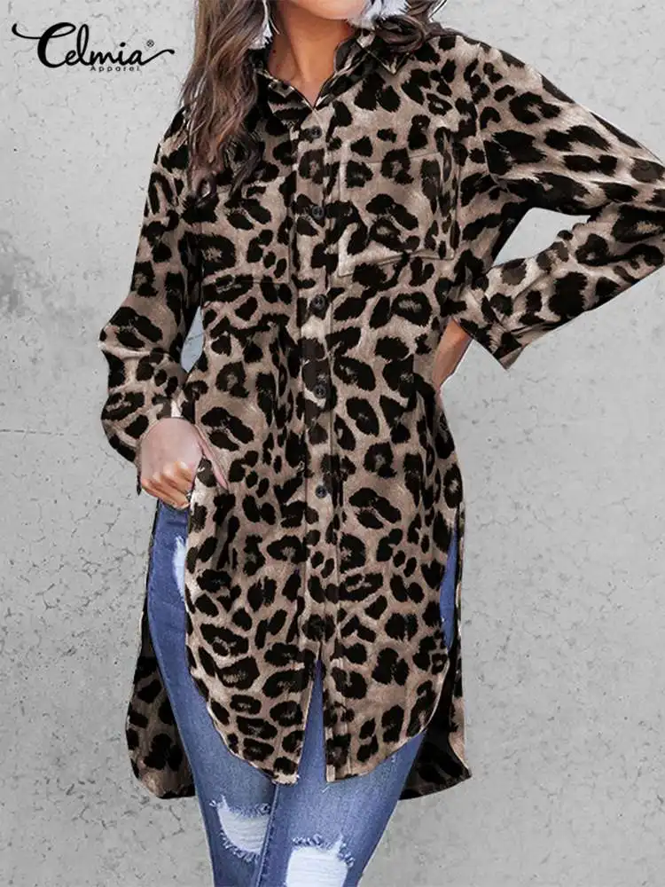 

Celmia 2023 Summer Fashion Women Tops Leopard Print Shirts Long Tunic Office Long Sleeve Blouse Casual Lapel Blusas Feminina