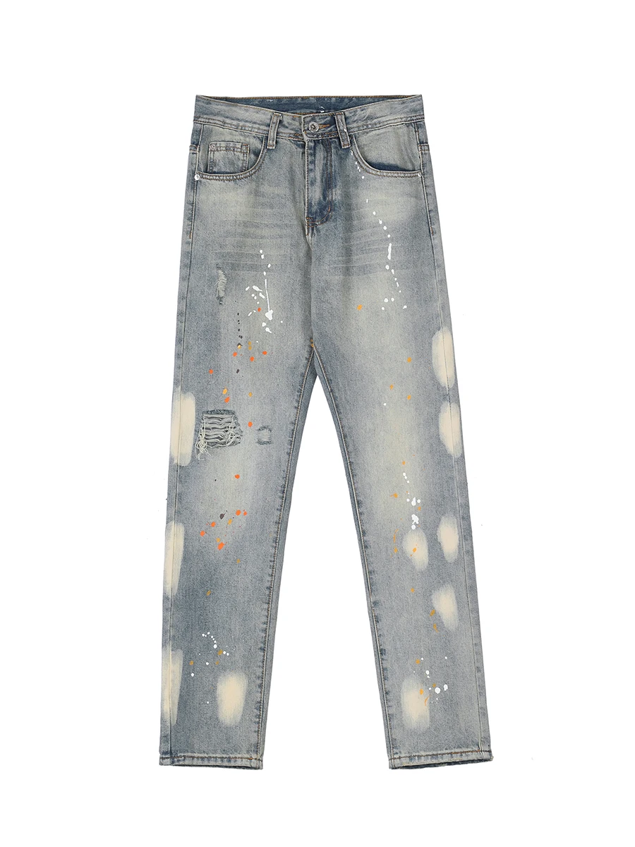 Four Seasons Men Jeans American Ink Splash Wash Men and Women's Same Loose High Street Vibe Style Straight-leg Pendant Trousers