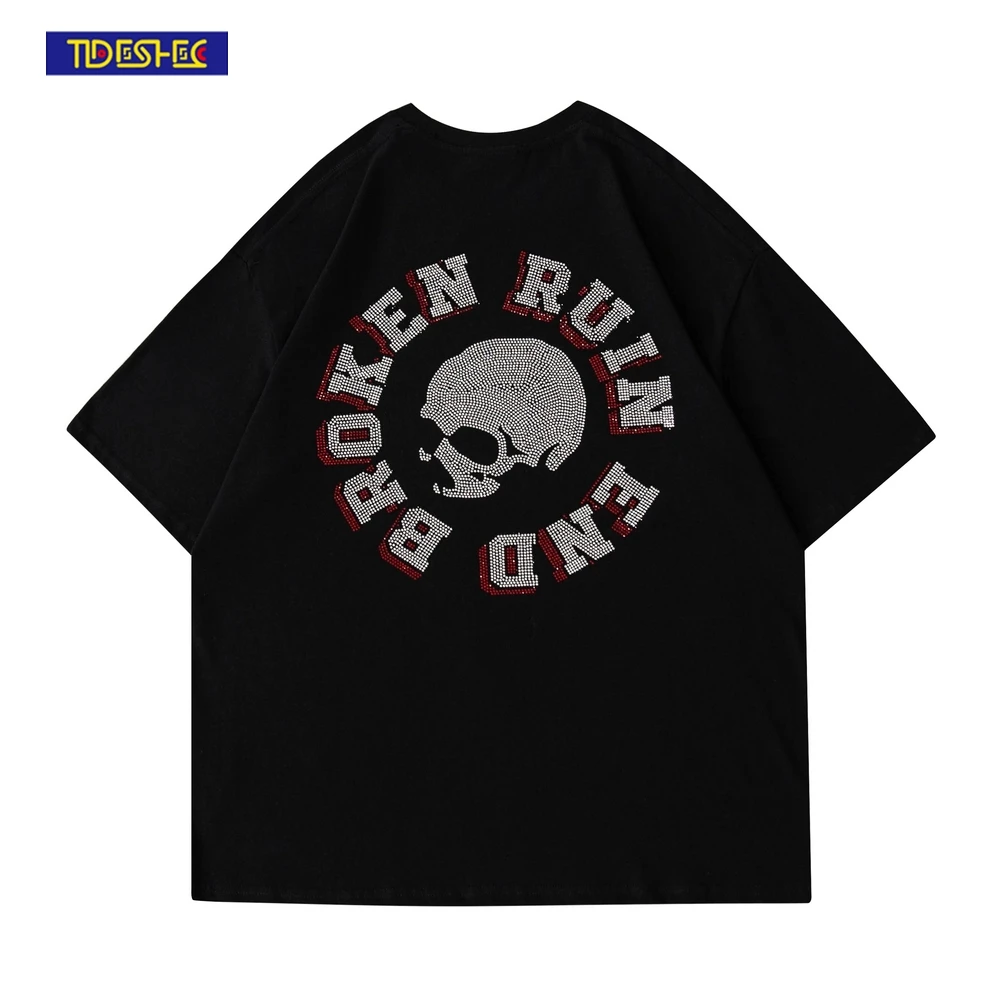 

Футболка TIDESHEC в стиле Харадзюку, уличная одежда, популярная футболка с изображением драгоценных камней и черепа, 2022, летняя повседневная хл...