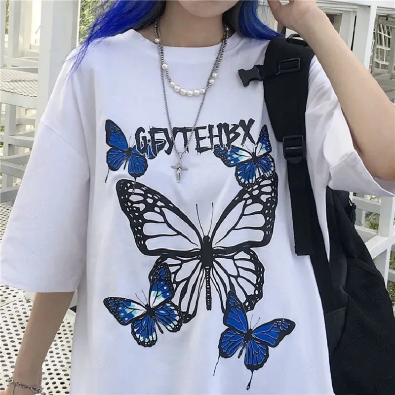 

Women T-shirt Punk Butterfly Print Oversized T-shirts Female Summer Loose Top Harajuku Vintage Short Sleeve Ulzzang Clothes Tops