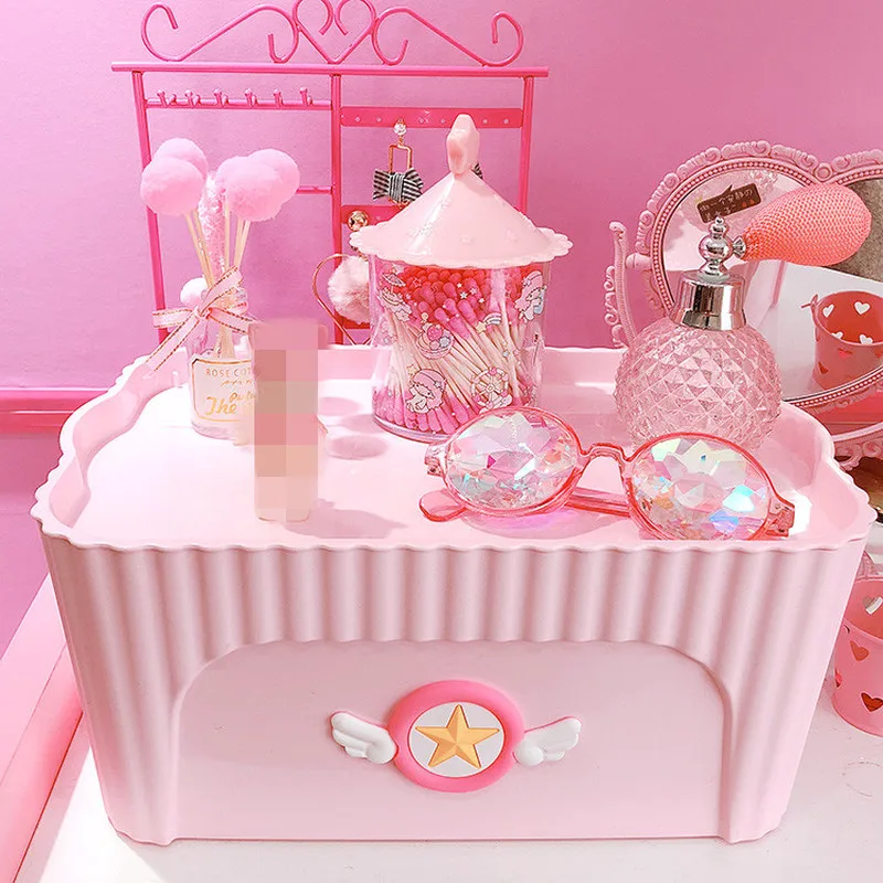 

Card Captor Sakura Cosplay Desktop Pink Plastic Toiletries Storage Box With Cover Cartoon Debris Jewelry Cosmetic Case Container