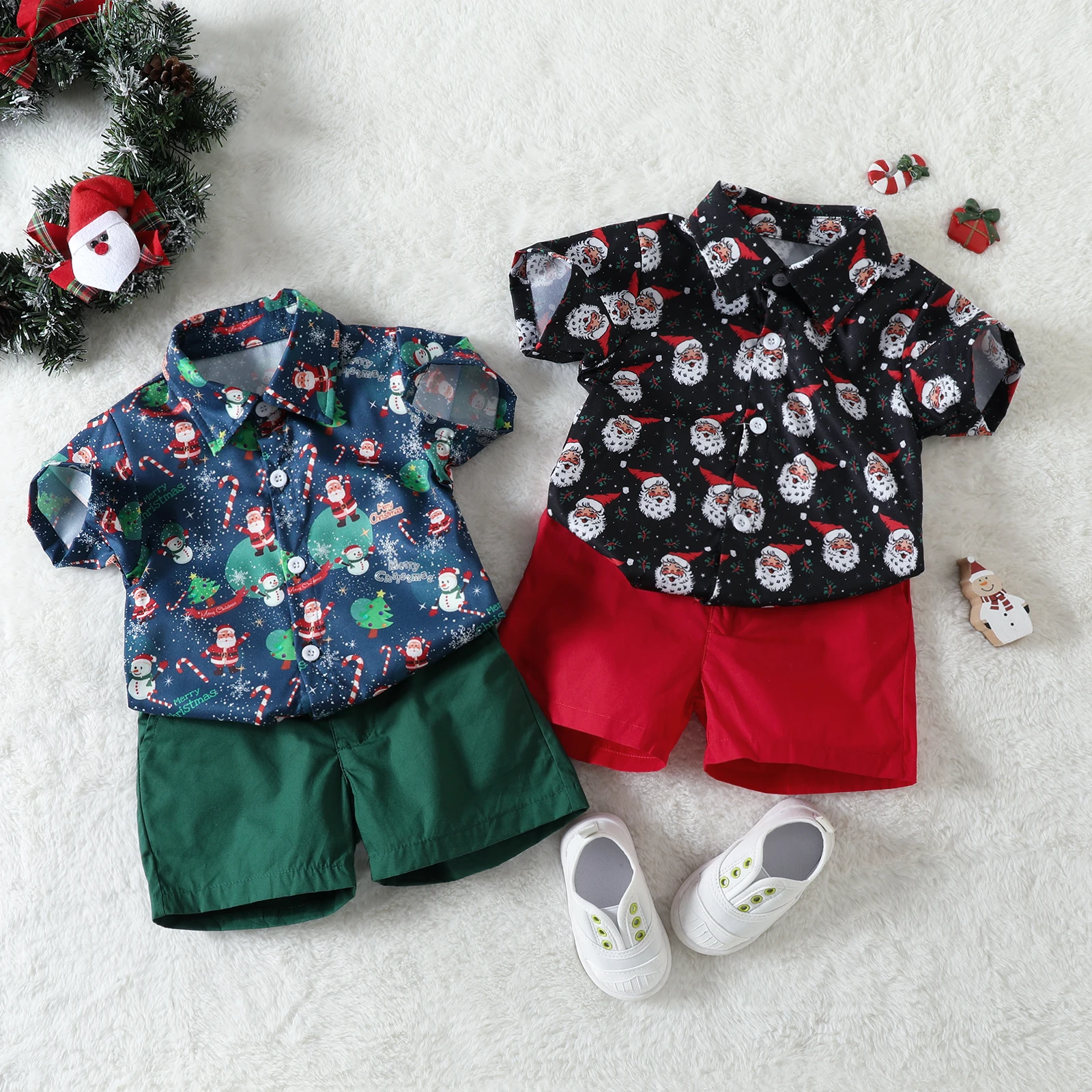 

Kids Boys Christmas 2 Pieces Outfits Santa Print Turn-Down Collar Short Sleeve Shirts Tops + Solid Color Shorts Set 12 M-5 T
