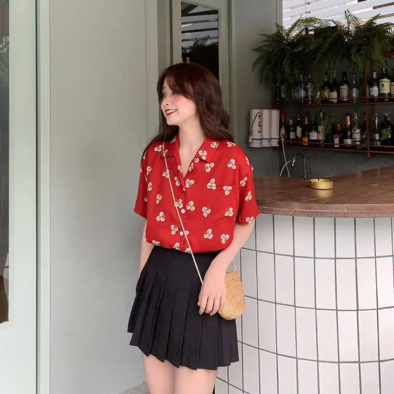 Летняя красная рубашка с коротким рукавом женская уличная одежда модная новинка