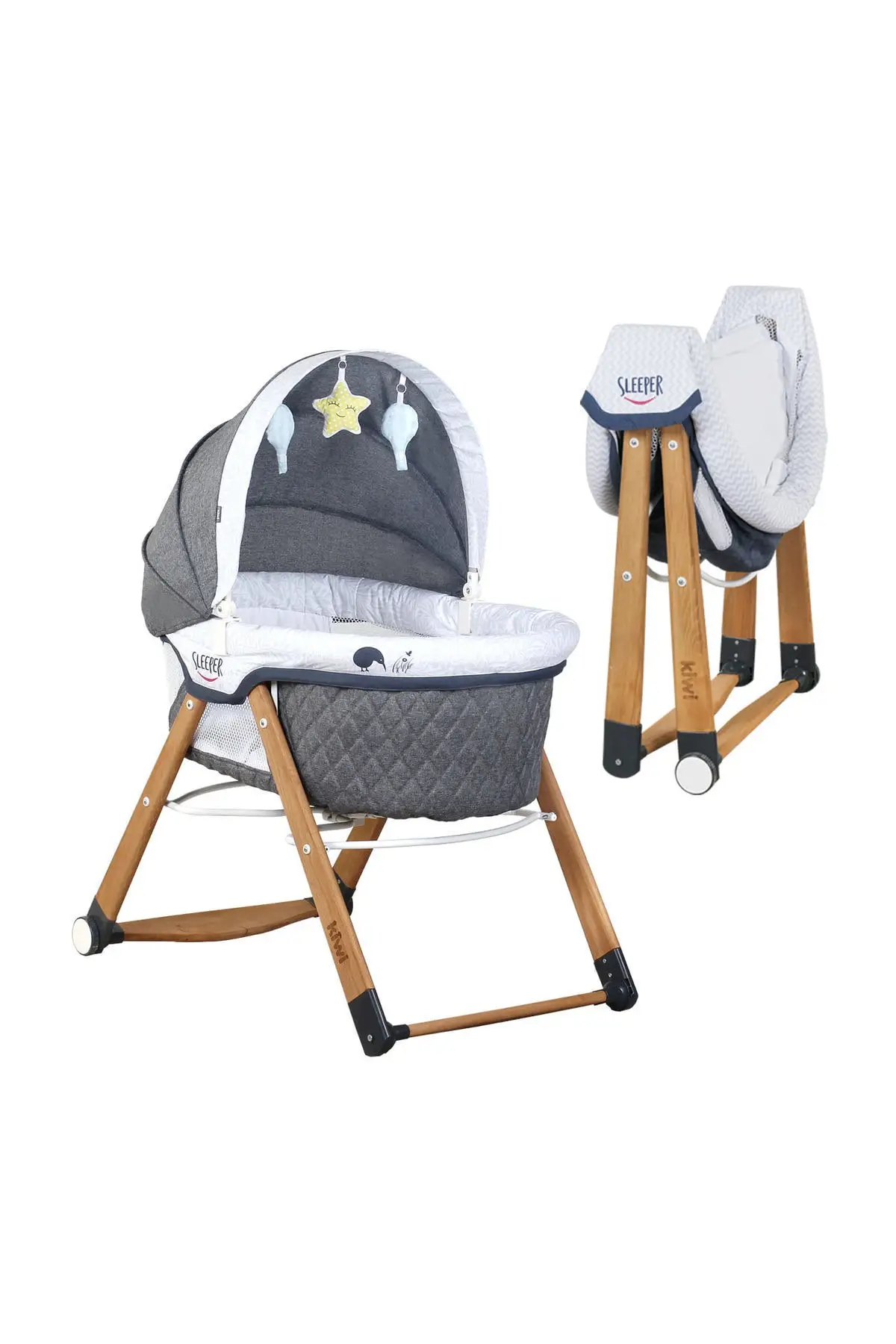 Sleeper All In One Natural Wooden Swinging Folding Baby Cradle with Wheels Leaf Patterned Gray
