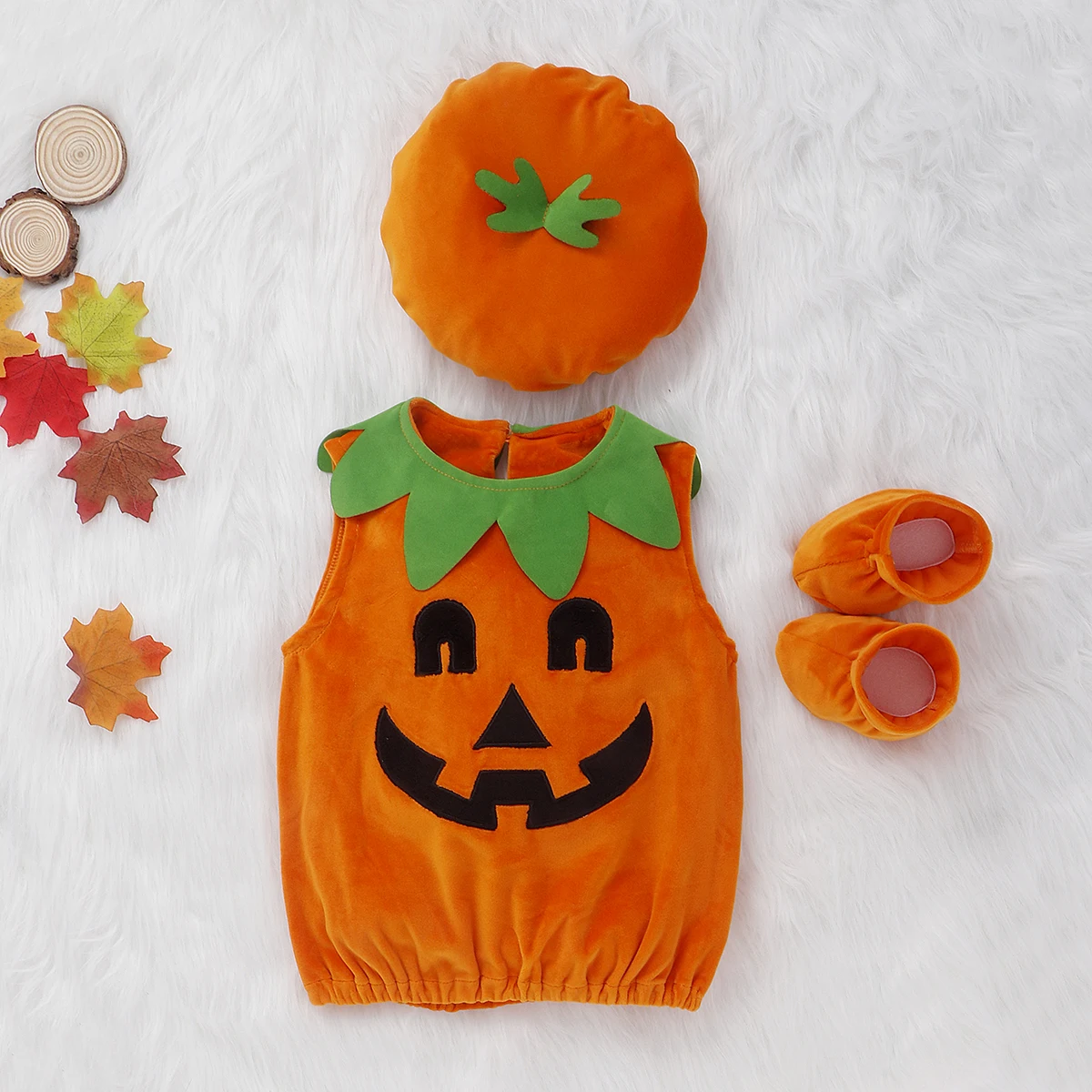 

Cute 3Pcs Cosplay Halloween Baby Kids Pumpkin Suit Tops+Hat+Shoes Clothes Costumes Sleeveless Warm Soft Cotton Clothing 0-3Years