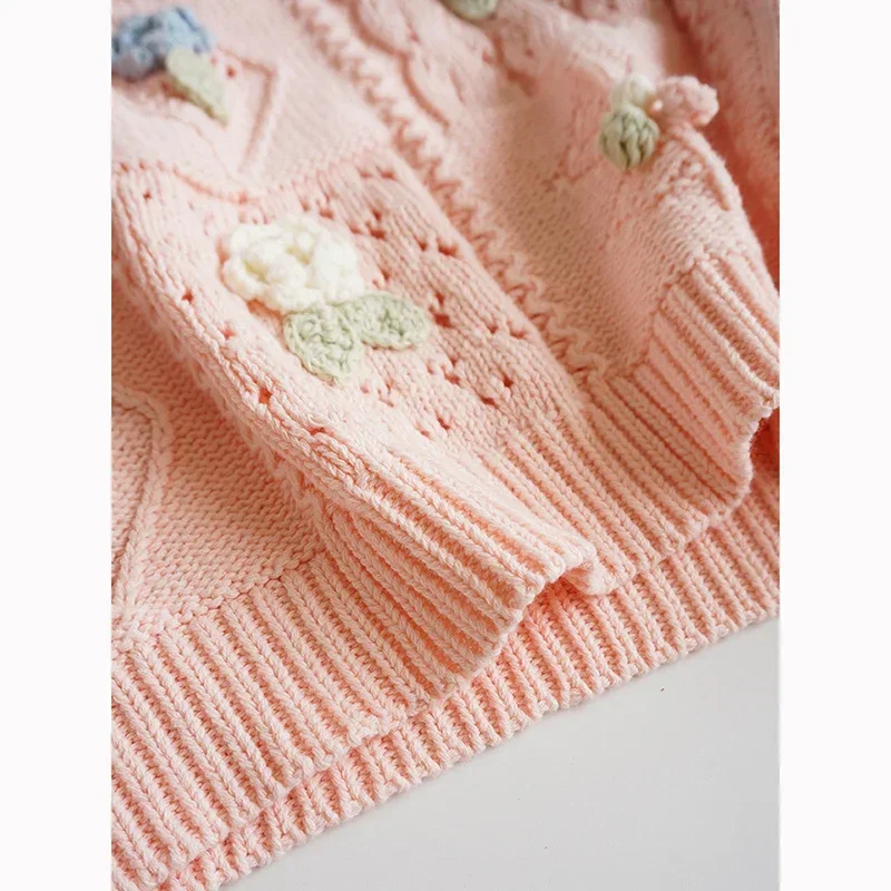 Вязаные свитера с цветочной вышивкой для девочек 1-6 лет Осень-зима детская одежда