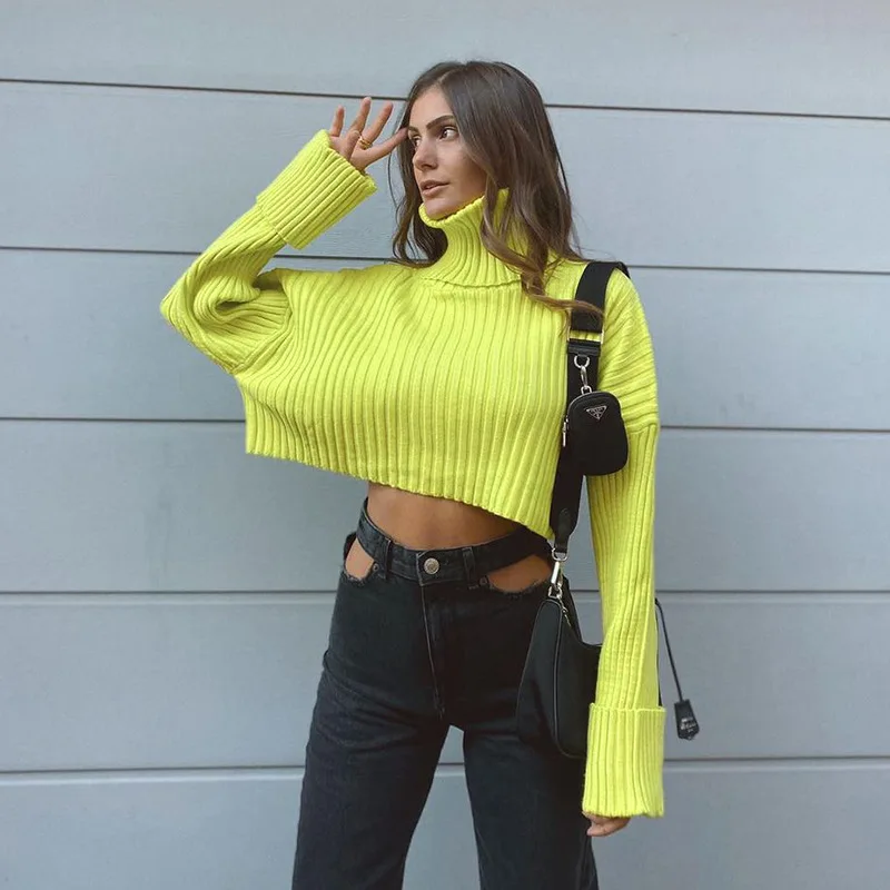 

Sweater Fall/Winter Loose High Neck Long Sleeve Knitted European and American Short Pure Color Hedging Woolen Women's Clothing