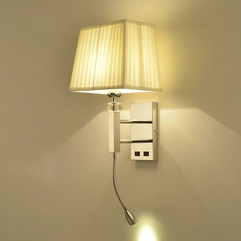 

Светодиодный настенный светильник, лампа из нержавеющей стали с двойным абажуром из ткани, гибкая лампа для отеля, гостиной, прикроватного ...