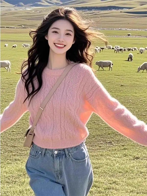 Французский сладкий розовый пуловер с круглым вырезом женский осенне-зимний