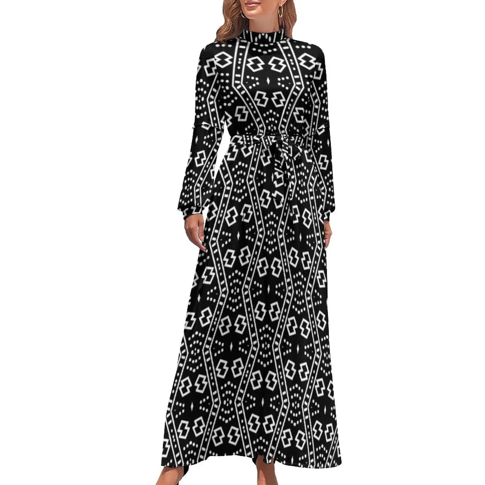 

African Retro Dress Long Sleeve Geometry Print Party Maxi Dress High Neck Aesthetic Design Beach Long Dresses Birthday Present