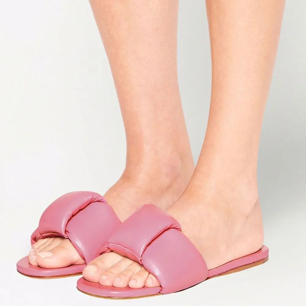 2023 Brand New Women Casual Top Quality Open Toe Padded Leather Slides Leisure Flat Comfort Sole Comfy Shoes Slippers Sandal