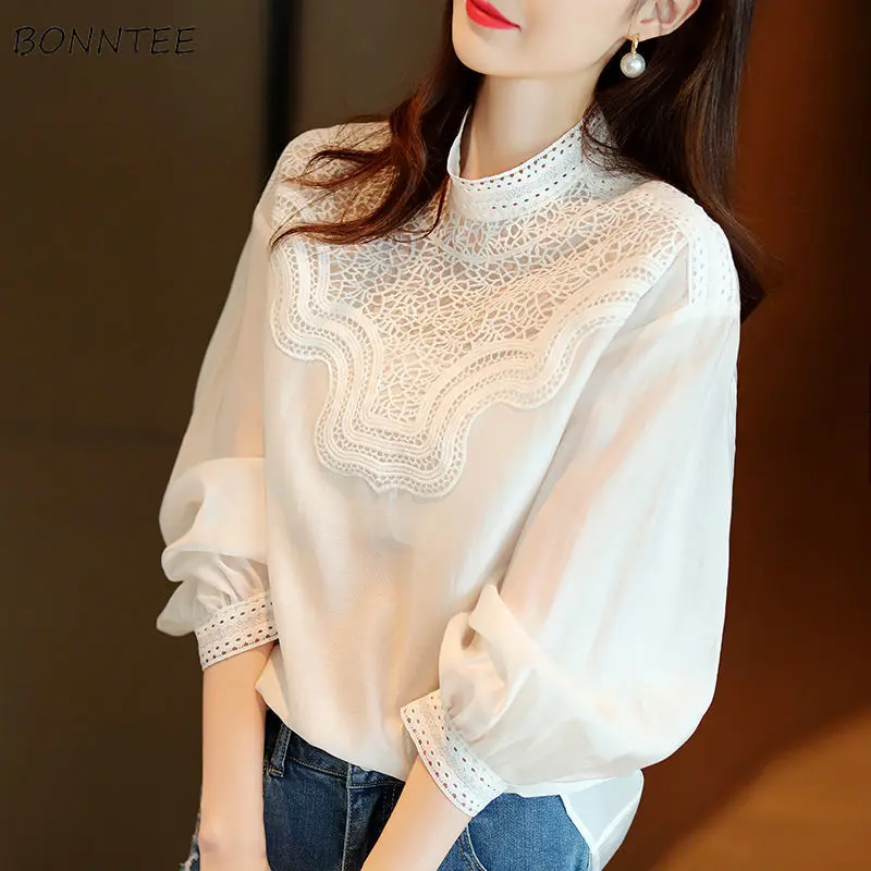 

Blouses Women Long Sleeves Daily Hollow Out Korean Style Solid Loose Spring Casual All-match Popular Elegant Office Lady Fashion