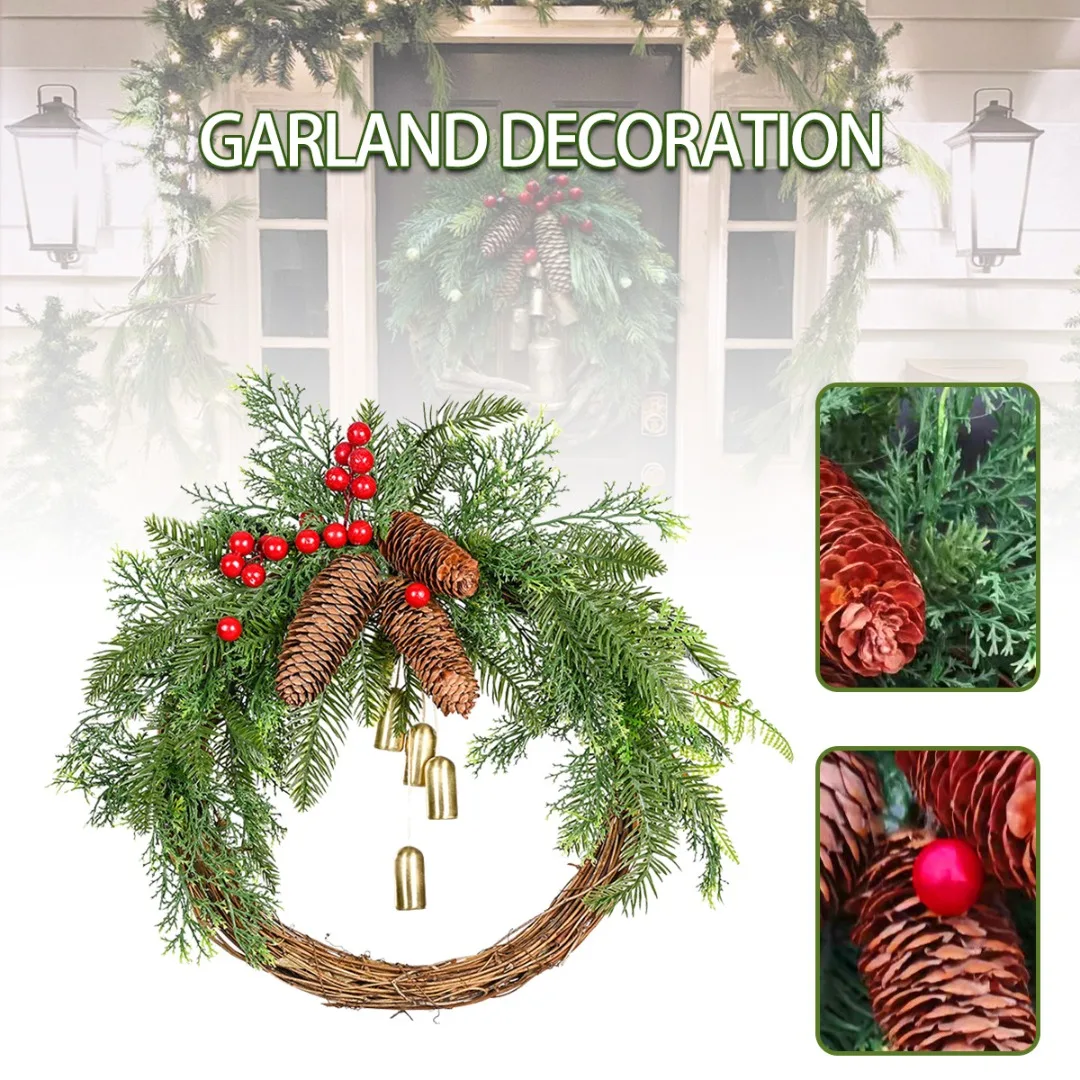 

Christmas Wreath For Front Door Artificial Wreath With Berries Bells Pine Cones Merry Xmas Decors Props Holiday Party Supplies