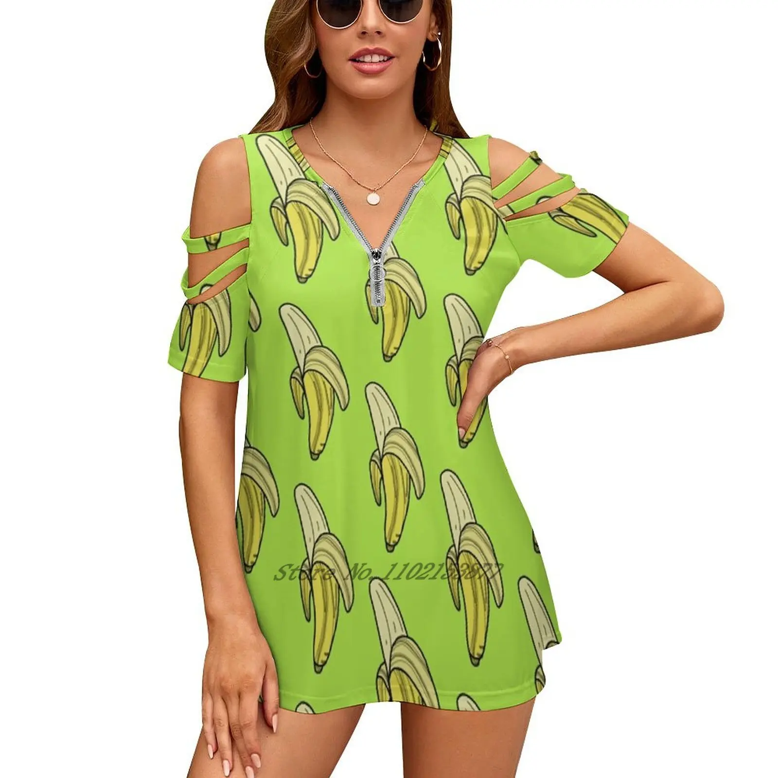 Banana - Lime Women'S Clothing V-Neck Tops Zipper Tee Ladies Casual Sexy T-Shirt Breakfast Bright Cooking Cool Cute Delicious