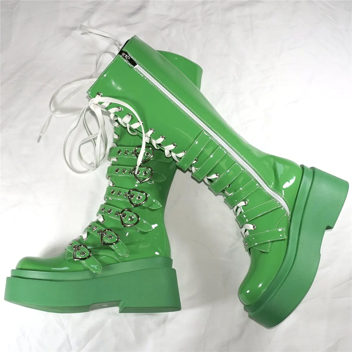 Platform Pumps Shoes Women Green Patent Leather Wedges High Heel Thigh High Boots Female Round Toe Fashion Sneakers Casual Shoes