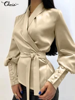 celmia women haut tunic elegant glossy puff long sleeve fashion blouses lapel solid streetwear bandage wrap shirts casual tops