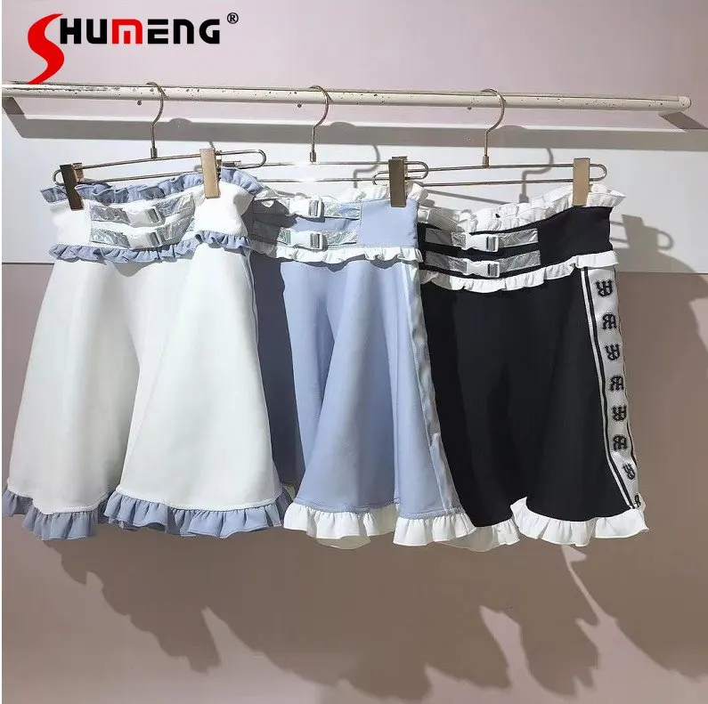 Japanese Style Cute Waist Buckle Ruffled Skirts for Women Sweet High Waist Pettiskirt Slimming All-Matching Cinched Short Skirt