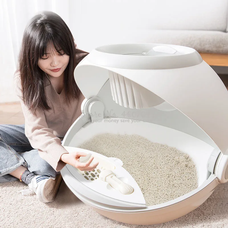 Cat Litter Box with Scoop Carbon Filtered Fully Enclosed Rounded Roll-Top Lid Spill prevention Toilet Tray |