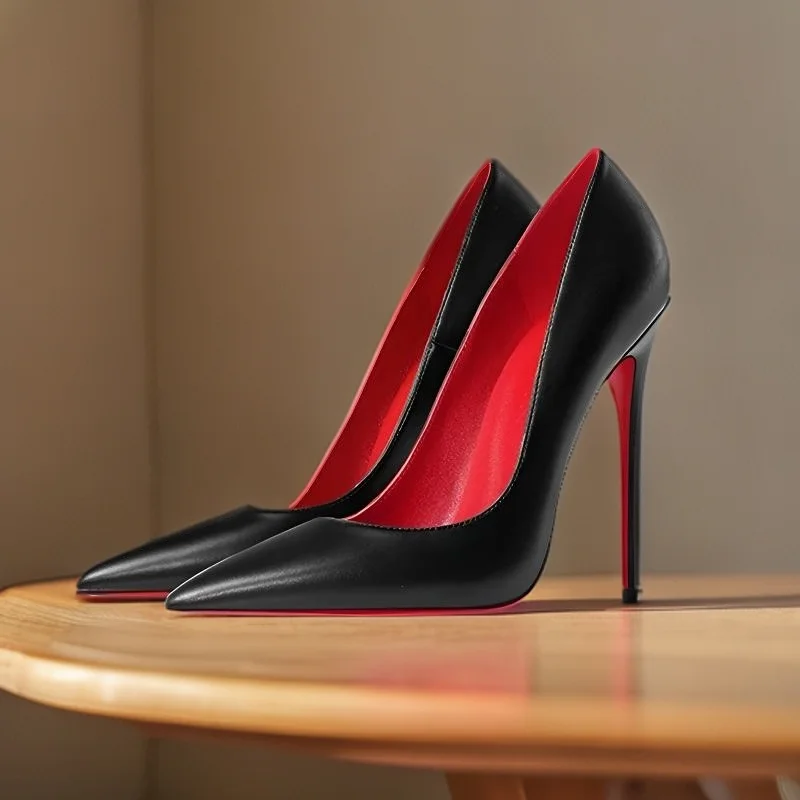 Легкая телесная черная матовая кожа с остроконечными туфлями на очень тонком