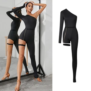 Imported Sexy Slant Shoulder One-Sleeve-Leg Design Latin Dance Jumpsuit Women Rumba Salsa Dance Clothes Black