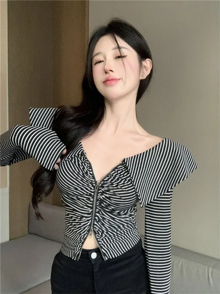 

Корейские женские футболки на молнии с длинным рукавом модные ретро женские полосатые универсальные весенние Стильные пикантные повседневные женские футболки