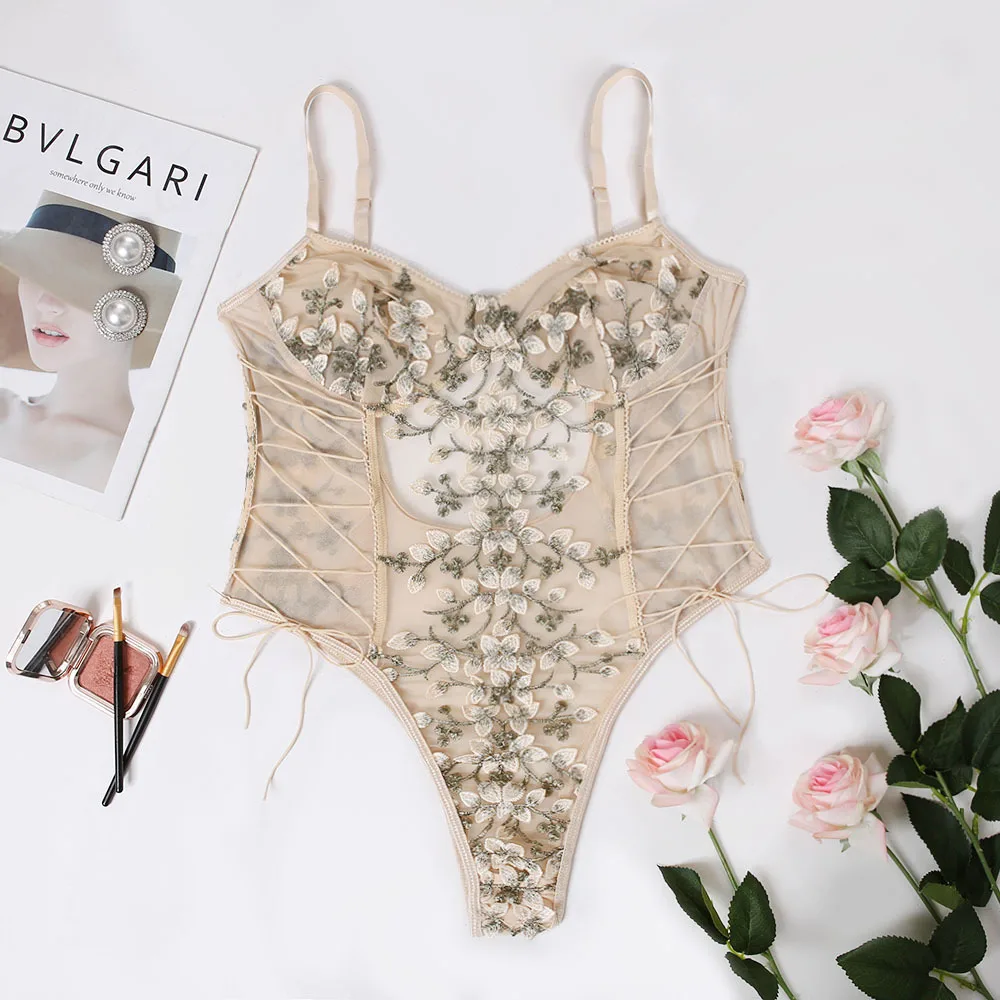 

HB Women Teddy lingerie Sexy Underwear Erotic Corset Lace Mesh Sleepwear Nightwear Embroidered strap one-piece sexy pajamas
