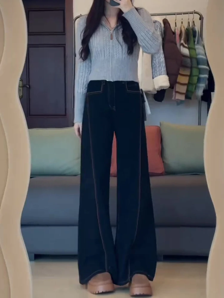 Черные широкие джинсы на флисовой подкладке больших размеров женские зимние 2024