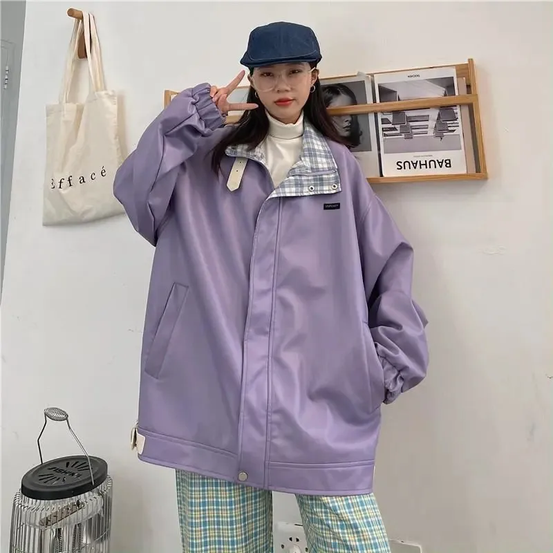 

2022 Spring Women Casual Vintage Stand Collar Faux PU Leather Jacket Loose Long Sleeve Bomber Jacket Female Outwear Streetwear